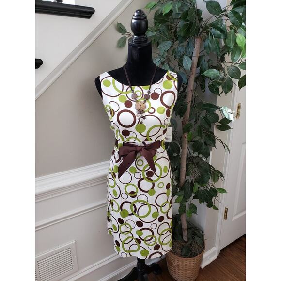 Kim Rogers Shift Dress Women's 12P Beige & Green Round Neck Sleeveless Back Zip - Picture 1 of 13